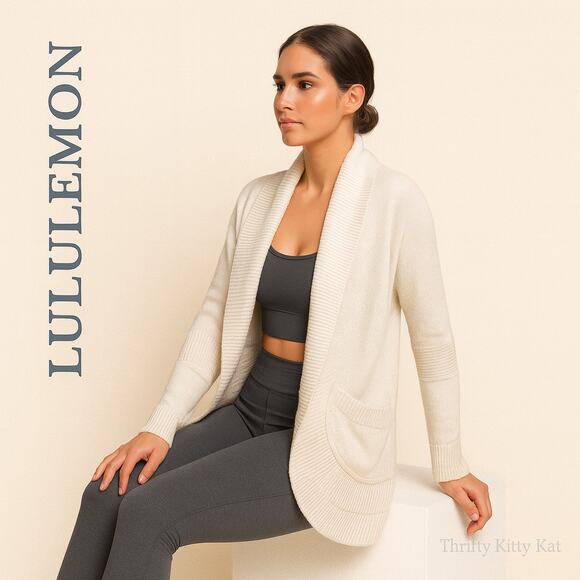 Lululemon Open Front Cardigan Shawl Collar Drawcord Back Pockets Ivory 8 EUC - Picture 1 of 8